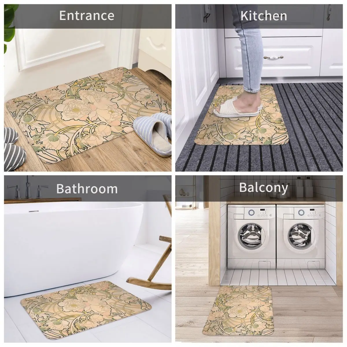 Swirl Pattern Non-slip Doormat Alfonse Mucha Art Nouveau Peonies Bath Kitchen Mat Prayer Carpet Indoor Pattern Decor 4