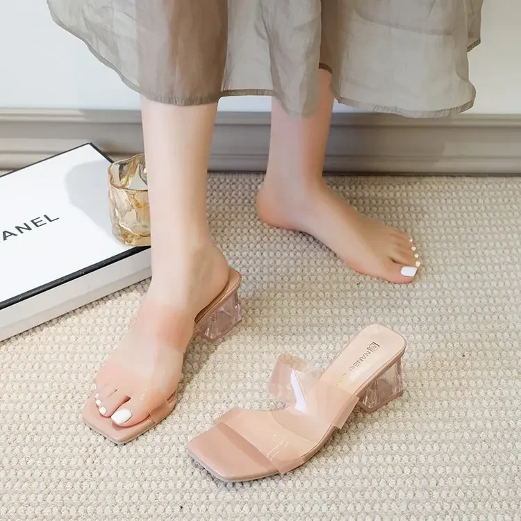 Summer Women Pumps Sandals PVC Jelly Slippers Open Toe Low Heels Women Transparent Perspex Slippers Shoes Heel Clear Sandals