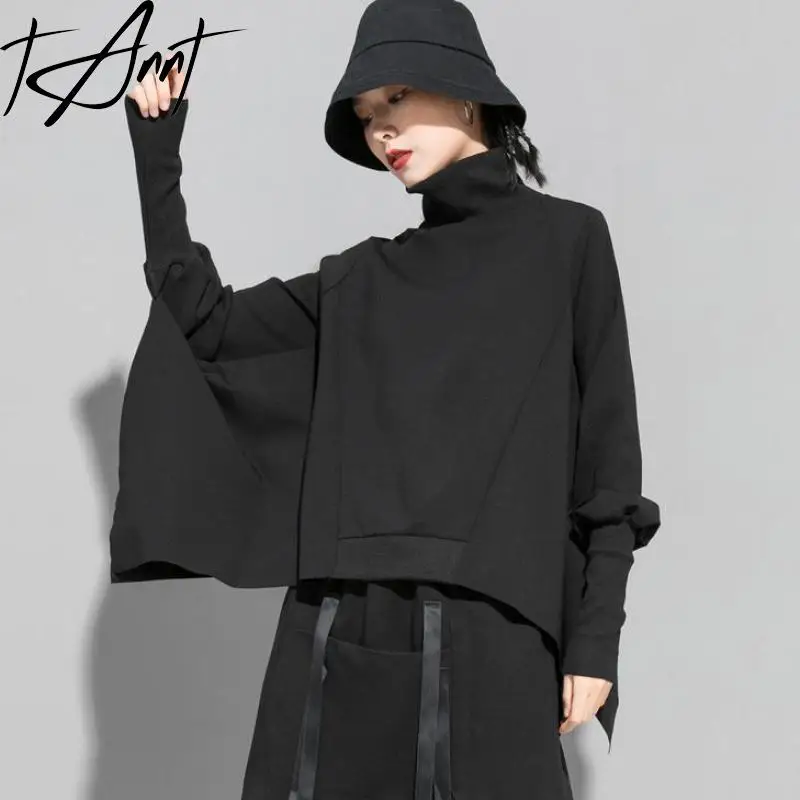 

TANNT Women Hoodies Batwing Sleeve Turtleneck Oversized Hoodie Sweatshirt Irregular Balck Loose Women Hoodies Coats 2023 New