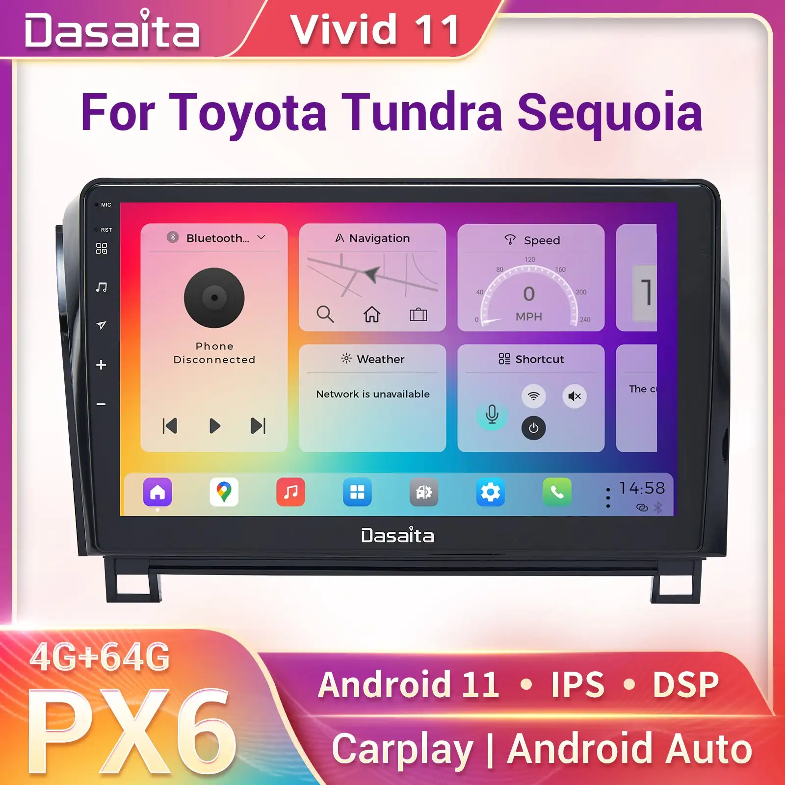 

Dasaita Vivid11 Toyota Tundra Sequoia Car Stereo 10.2 Inch Carplay Android Auto PX6 4G+64G Android11 1280*720 DSP AHD Radio