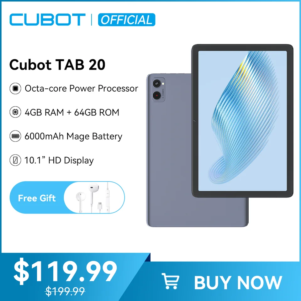 Cubot TAB 20, Tablet Android 13, 10.1 Screen, Octa-Core, 4GB+64GB(Support  1TB Extended), 6000mAh Battery, 4G Dual SIM, WIFI,GPS