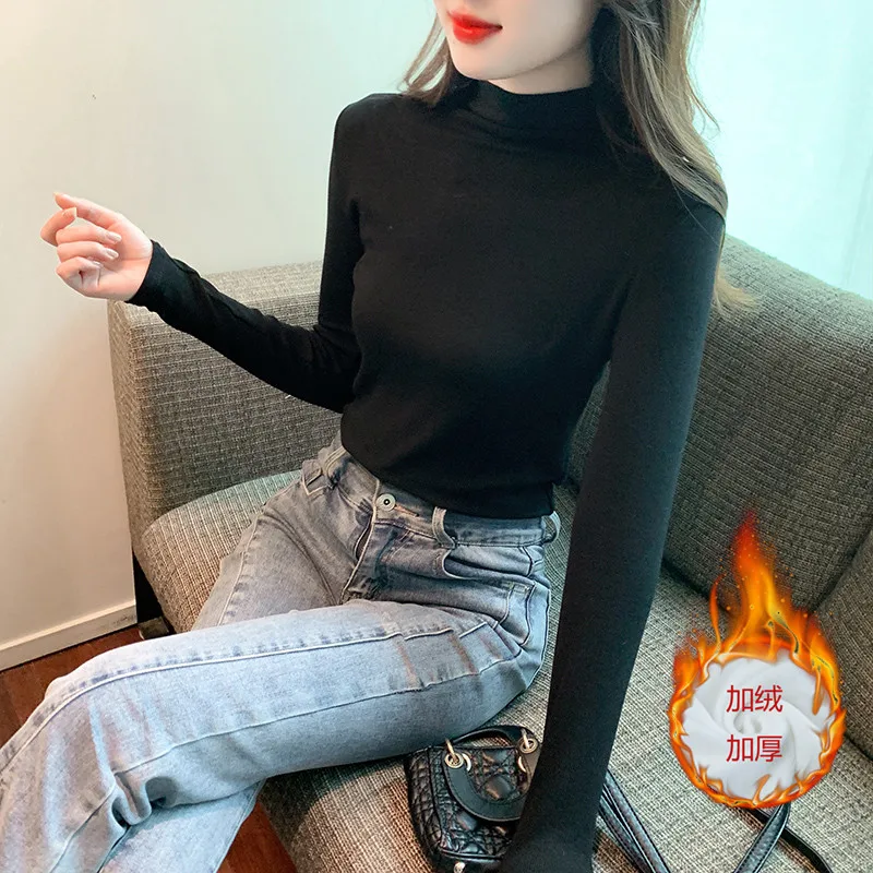 Winter New Plush Thickened Half High Neck Fashion and Foreign Style Versatile Fit Solid Color Underlay Top for Women