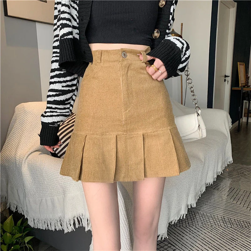 

Rimocy Black Khaki Corduroy Mini Skirt Women 2022 Spring Pleated High Waisted Skirts for Woman Korean Button Short Skirt Female