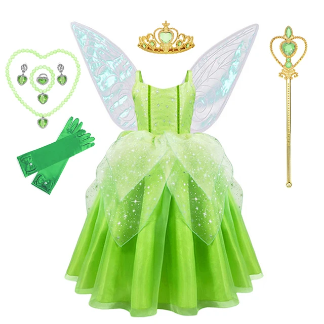 thumbnail image 1 of Disney-disfraz de princesa Tinker Bell para niñas, vestido de hada de las flores verdes, disfraz de elfo con purpurina, ala de mariposa, fiesta de Halloween, 1 of 5