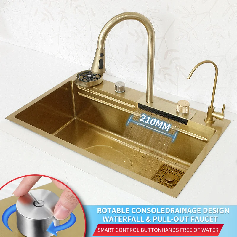 

Waterfall Kitchen Sink Gold Stainless Steel Sink Faucet Nano Large Size Wash Basin Sink Multi Function Sink Dishwasher