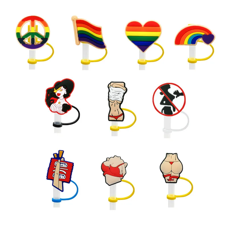 PVC 무지개 & 섹시한 빨대 토퍼, 재사용 가능, 유출 방지, 플라스틱 빨대 커버, 크리에이티브한 마시는 컵, 방진 장식, 8 개