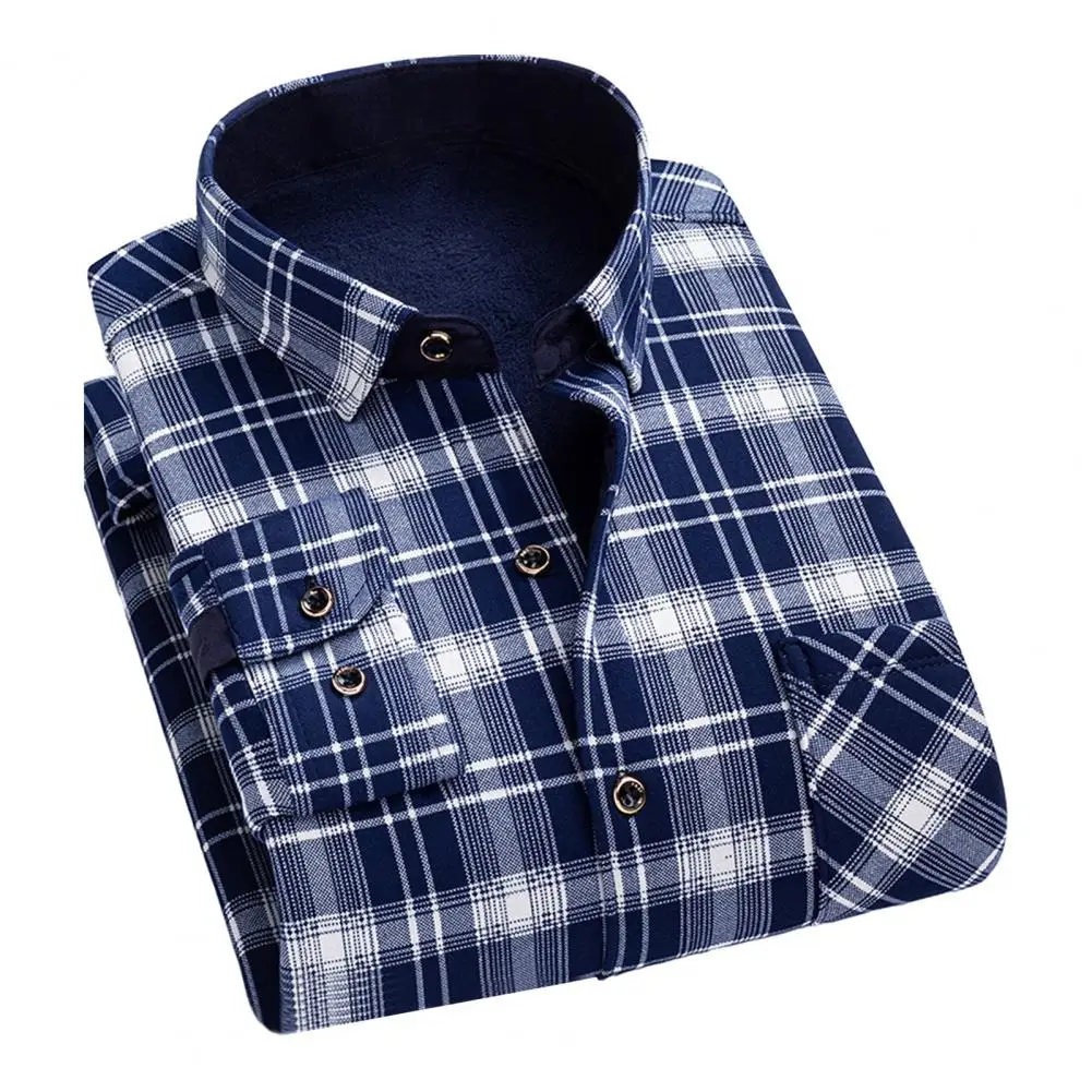 

Cozy Shirt Stylish Mid-aged Men's Plaid Print Cardigan Warm Formal Business Shirt with Thick Plush Lapel for Fall/winter Classic