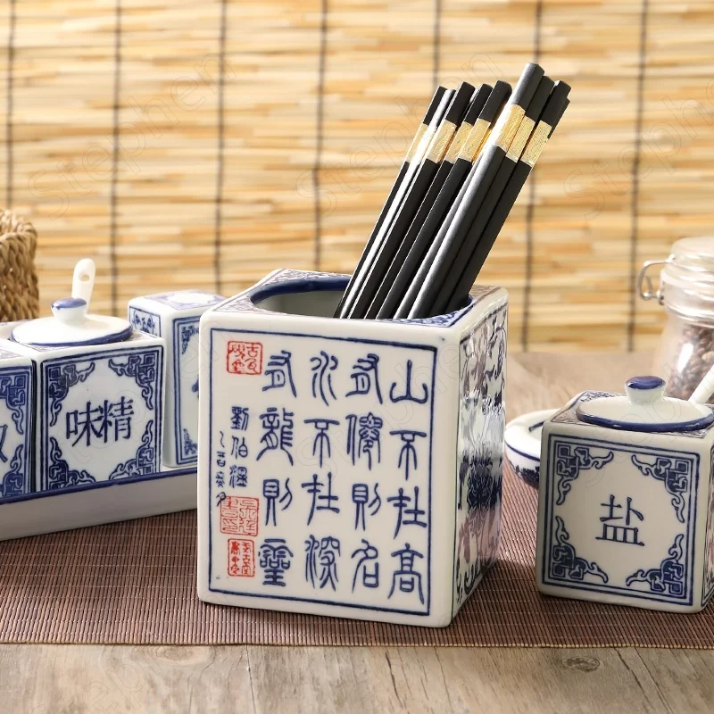 Blue and White Ceramic Canister Set Kitchen Chinese Vintage Spice Jars Salt Sugar Monosodium Glutamate Vinegar Chili Soy Bottle Seasoning jar,seasoning bottle organizer