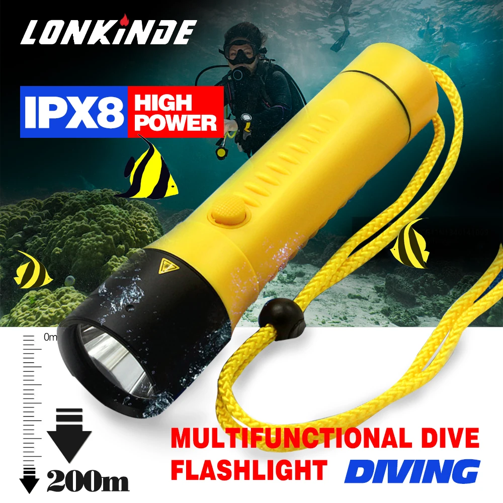 

IPX8 Waterproof Scuba Diving Flashlight XM-L2 Yellow White LED Torch Built-in 6600mAh Dive Underwater Lamp 100M Light Camping