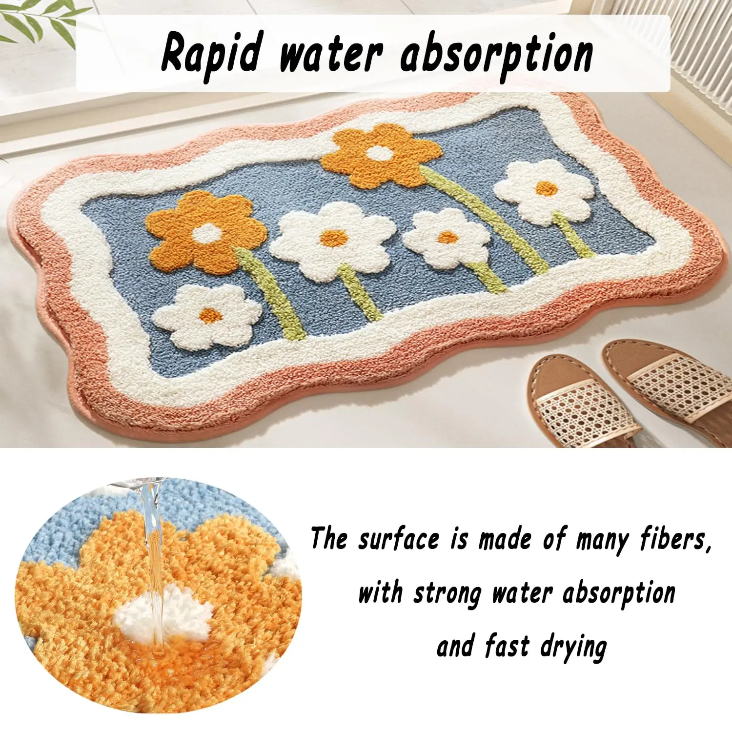 Cute Flower Bath Mat, Non Slip Water Absorbent Bathroom Rugs, Extra Soft Foot Mats, Machine Washable Quick Drying Bath Carpet fo