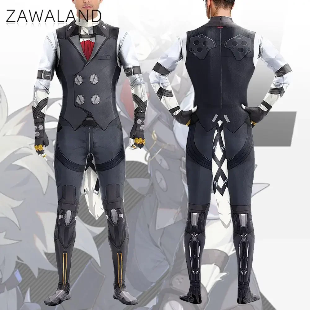 Zawaland Cosplay Lecarn Game Character with Tail Jumpsuit Men Carnival Funny Anime Costume Adult Zentai Bodysuit Fancy Catsuit