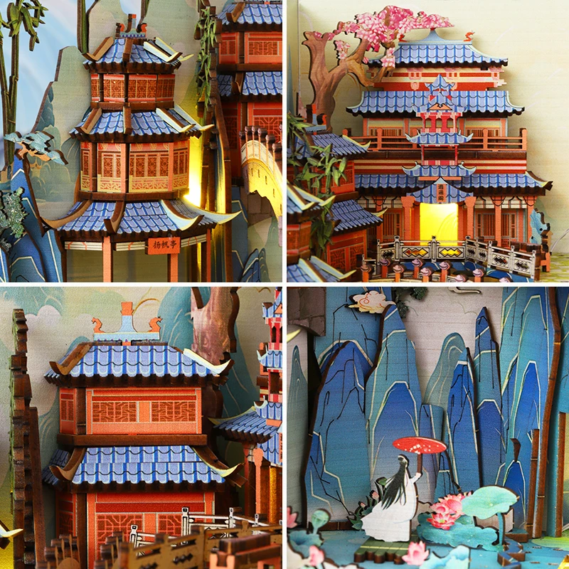 NEW DIY Book Nook Wooden Miniature Model Kit Penglai Wonderland Bookend Assembled 3D Puzzle Bookshelf Home Decor Friends Gifts 5