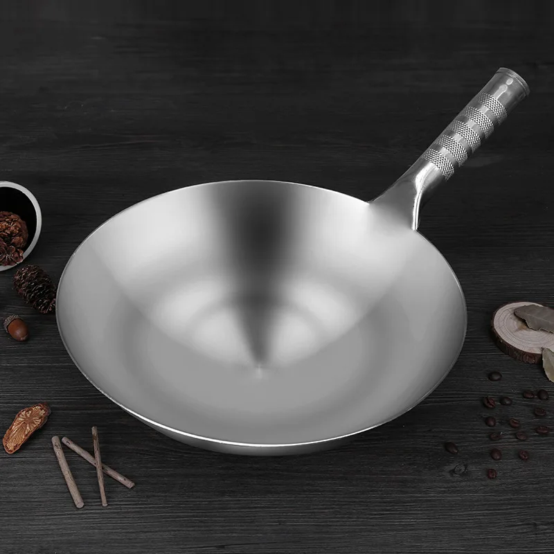 

430 Stainless Steel Frying Pan Chinese Handmade Wok Thick Non-stick Uncoated Round Bottom Household Pot Gas Cookware Cooking Wok