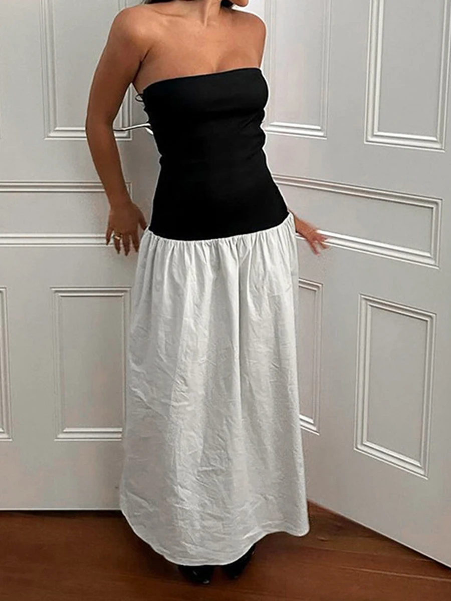 

DeuYeng Women s Elegant Strapless Tube Top Long Dress Sleeveless Contrast Color Summer Party Beach Dresses Sundress