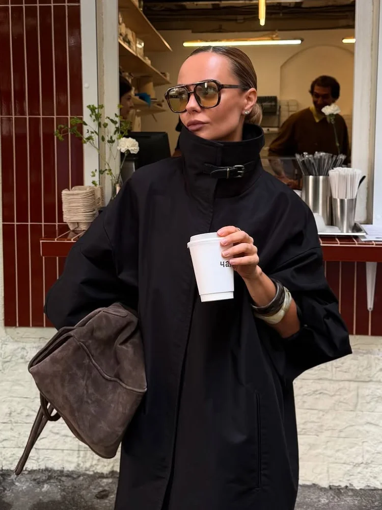 Black Stand Collar Trench Coat Women Casual Long Sleeve Single