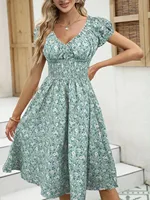 2025 Spring Summer Women Floral Dress French Style Ruffled Sleeves Wrap Waist Boho Beach Sundress Cottagecore - Image 6