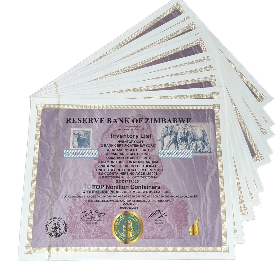 

Free shipping Zimbabwe Certificate Banknotes Top Nonillon Containers Paper Money with Fluorescent Effect Collect Gift