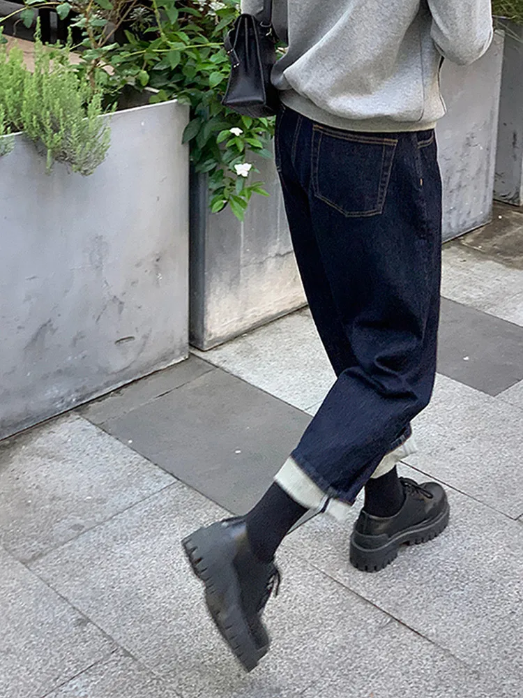 2023 Korean Y2K Fashion Dark Blue Cropped Haren Jeans Pants For Women Clothing Straight Casual Luxury Lady Trousers Ropa Mujer 5
