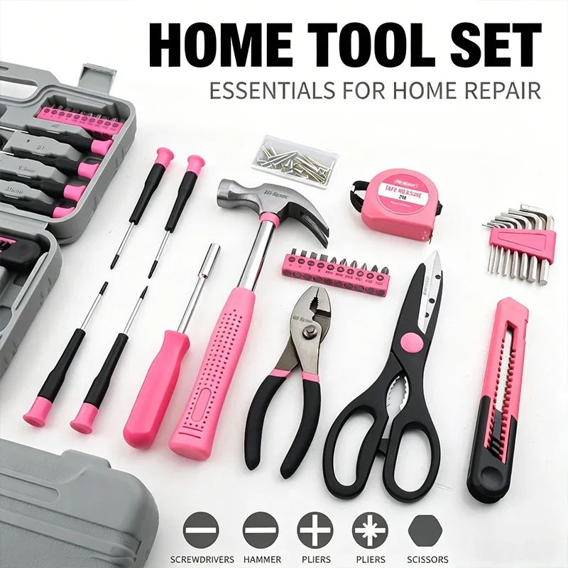62PCS Multifunctional Household Hardware Tool Kit Hand Repair Set With Hammer Tape Measure Screwdriver Pliers Home Daily Repair