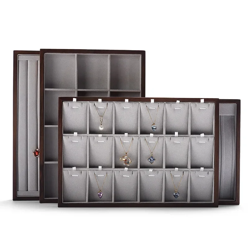 Luxury Wood Jewelry Storage Tray Display Ring Bracelet Necklace Storage Box Showcase Drawer Organizer Trays Window display velvet jewelry displaying trays jade brooch breastpin earring ring organizer holder drawer with glass lid window showcase gifts