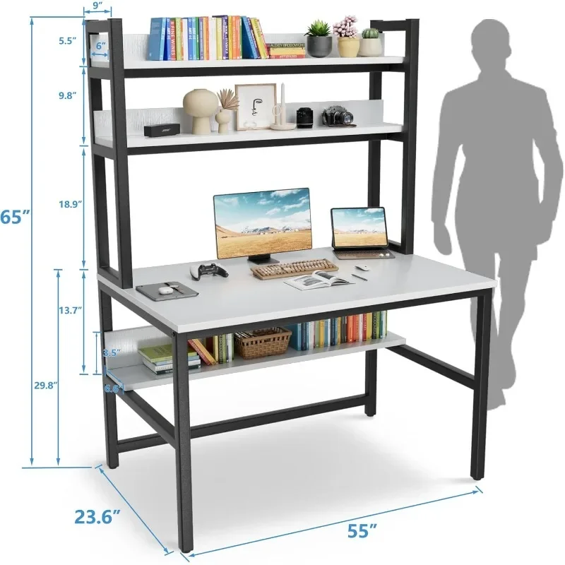 55 "computer Desk with Shelves, 4 Level Game Table with Large Wooden Tabletop, Metal Legs, Ideal Storage for Study Work 2