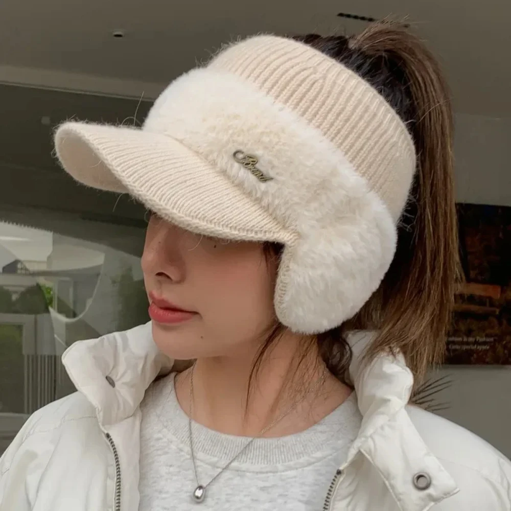 

Winter Hats For Women 2023 New Fashion Winter Warm Earflaps Knitted Hat Baseball Caps Outdoor Sport Windproof Ponytail Hat Visor