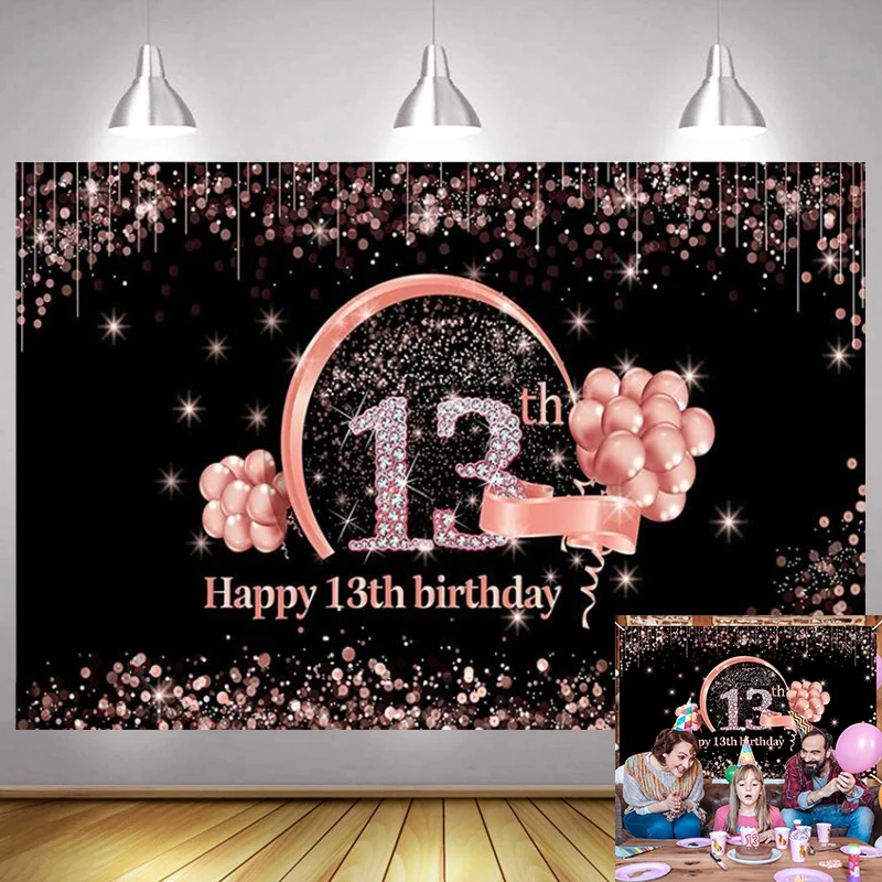 

Sweet Rose Gold 13th Backdrop Girls Boy Happy Birthday Party Thirteen Years Photography Background Photographic Photo Banner