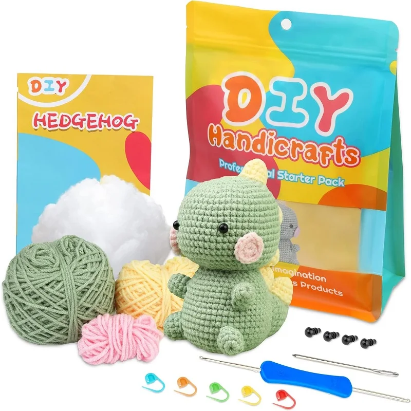 BUDDUR Dinosaur Crochet Knitting Kit Instruction Cotton Yarn Thread Doll Making DIY Handmade Craft Accessories Set