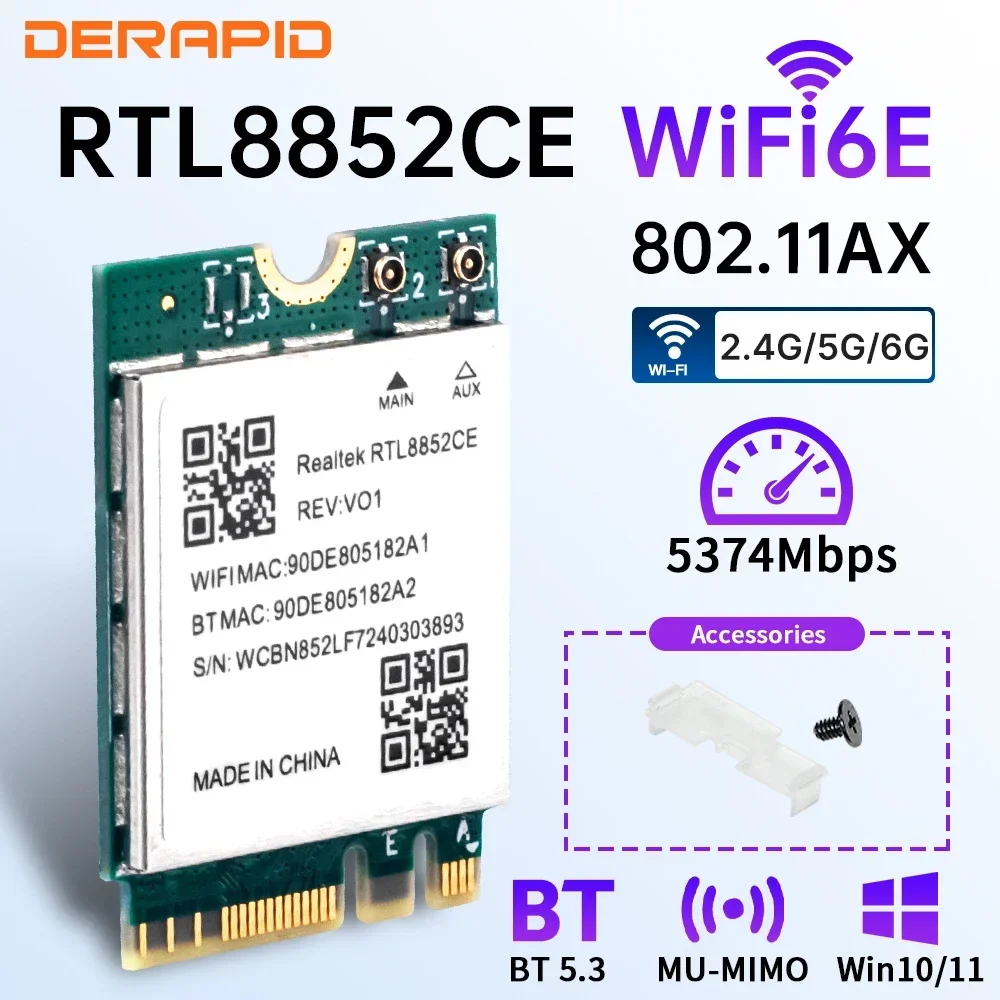 Triple Band WiFi 6E Bluetooth 5.3 Adapter 5400Mbps Wireless Signal Receive Card NGFF M.2 for Windows 10/11 RTL8852CE Like AX210 wifi network card wifi adapter wireless network card network card