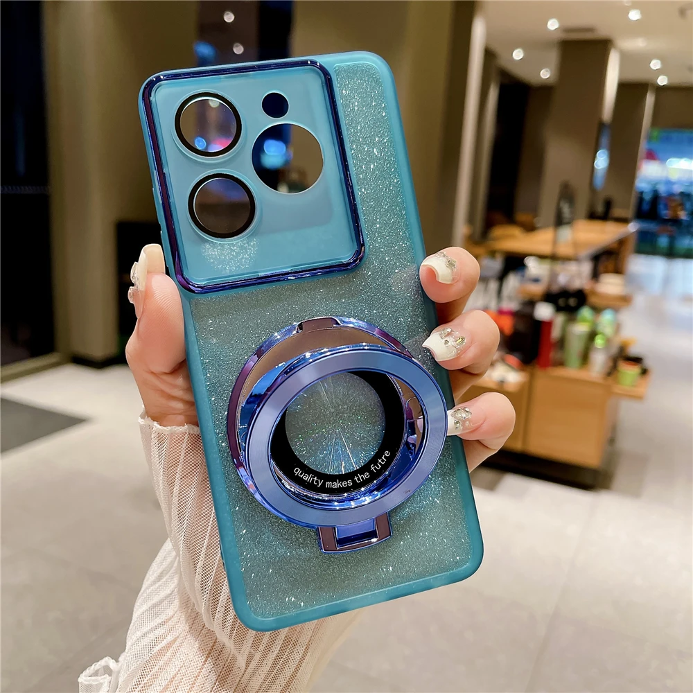 Glitter Magnetic Suction Bracket Soft Phone Case with Bling Holder - Full Protective Cover