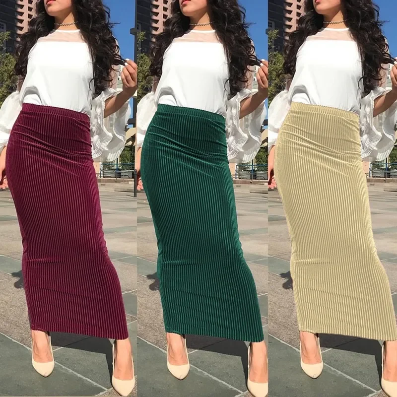 2024 New Striped Stretch Temperament Slim Knit Bag Hip Ankle Women All Season Women Skirt Long Brown  Mid Length Skirt  Vintage