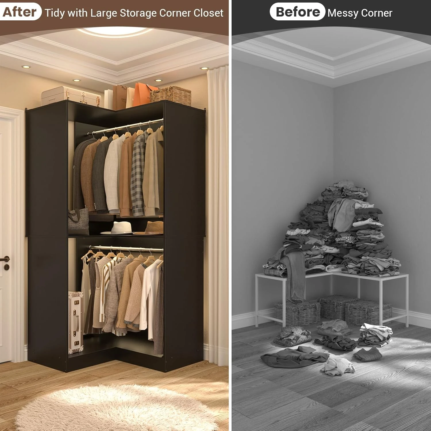 Armocity Corner Closet System, 32 Inches Wide Wood Corner Unit with 2 Hanging Rods and All Hardware Kits, 3-Tier 80'' Height Cor 4