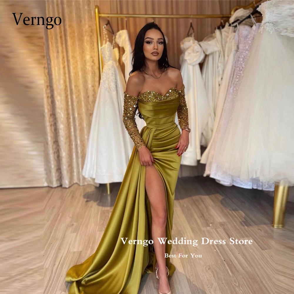 

Verngo Sexy Sweetheart Sparkly Sequin Mermaid Prom Dresses Long Sleeves Satin Pleats Split Arabic Women Party Evening Gowns