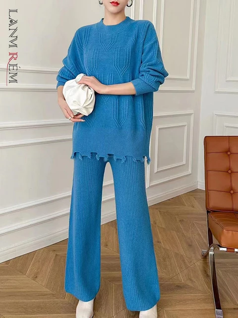 LANMREM-suéter de punto para mujer, conjunto de Pantalones rectos