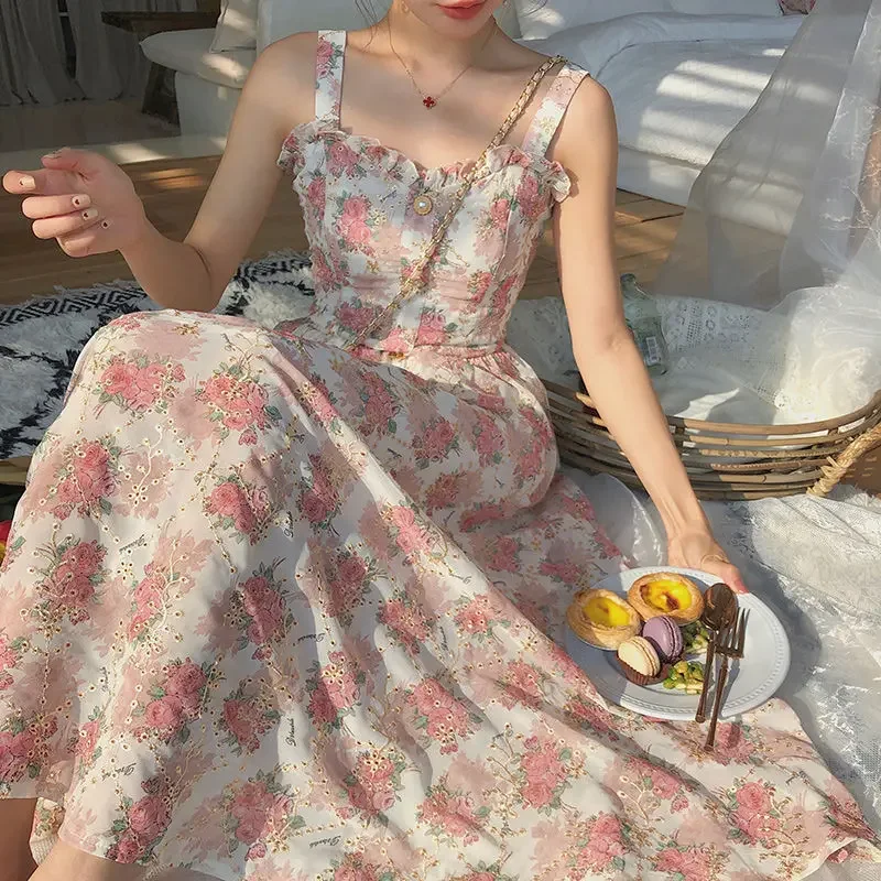 Summer French Sweet Fairy Dress Women Elegant Pearl Button Floral Print Ruffles Party Female Kawaii Korean Cottagecore Dresses