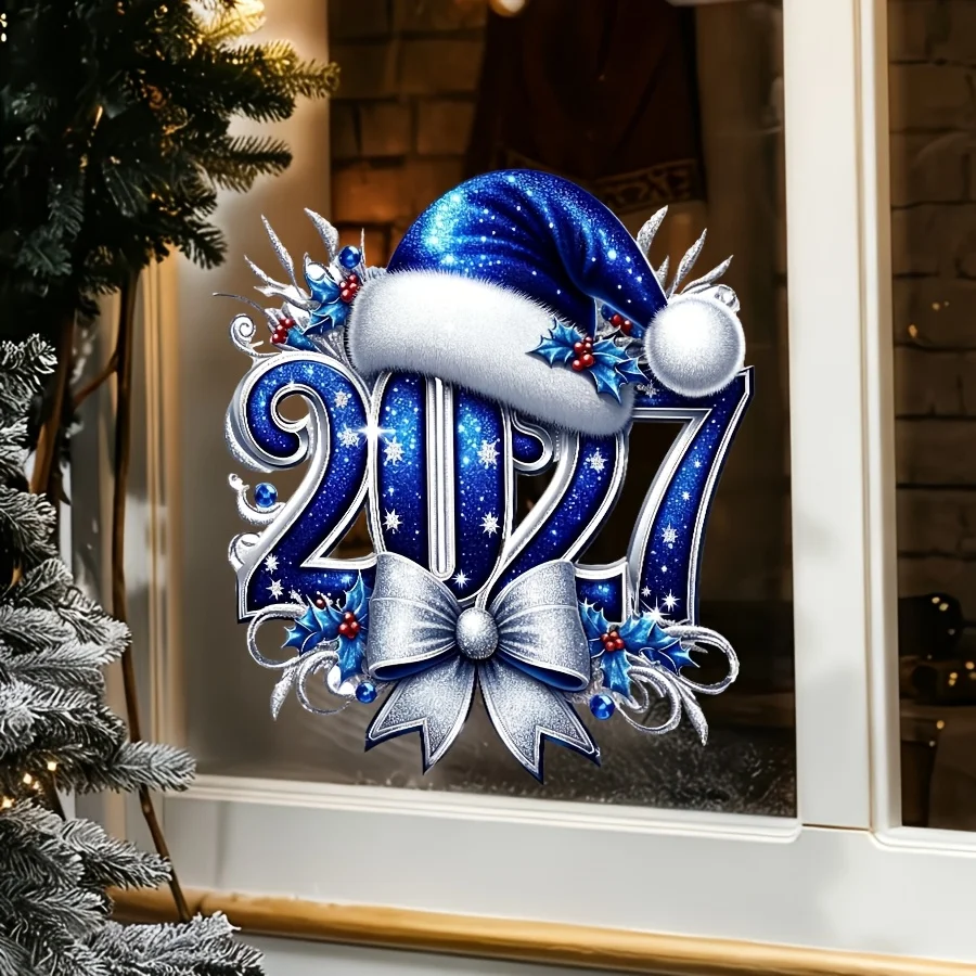 2027 Christmas Window Clings | Blue Santa Hat Glass Decal 1PC 2027 Christmas Window Sticker Blue Santa Hat Bow Decal Removable Self‑Adhesive New Year Glass Window Decor for Home Party 4