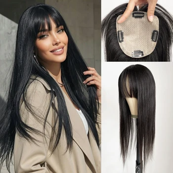 Topper per capelli umani con base in seta 12x13CM, con frangia, in capelli umani vergini europei, toupet da donna con clip, capelli lisci