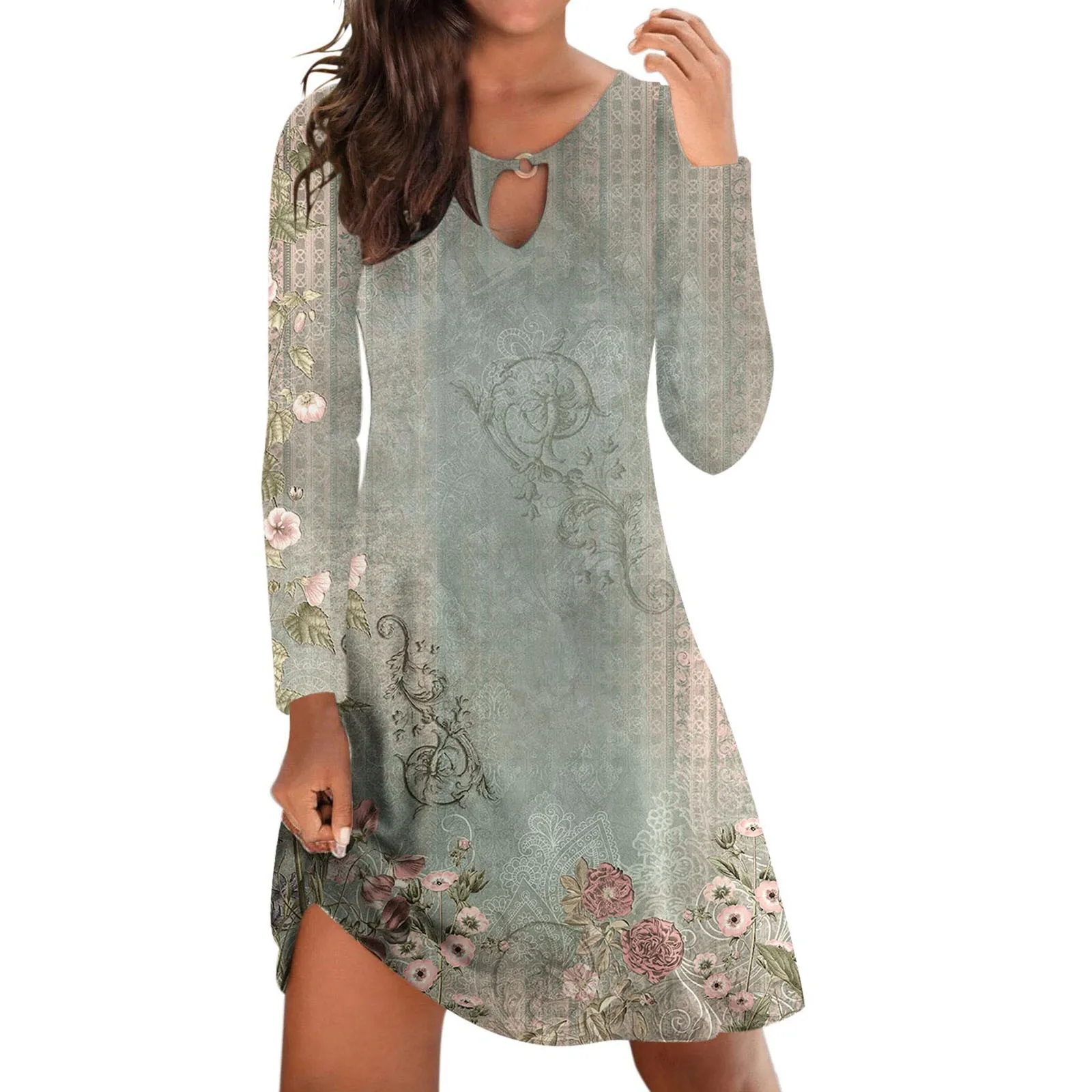 

Womens Daily Casual Flower Printed Dress O Neck Full Length Sleeve Dress Tunics Dress for Women Maxi Summer Dress for Women