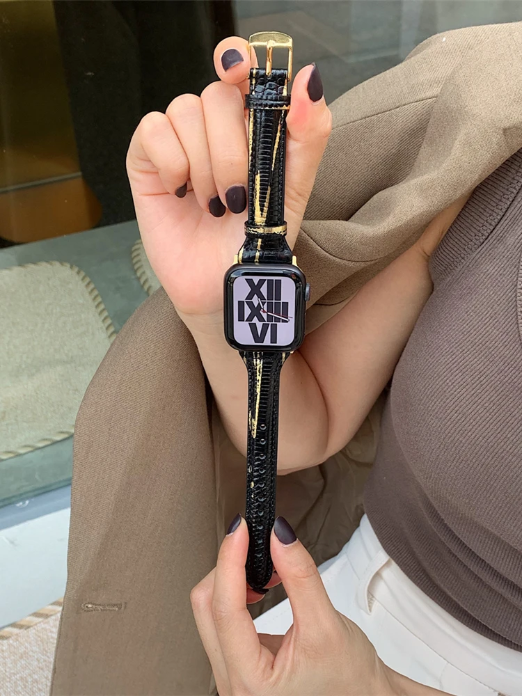 

Woman Leather Strap Gold Design Leather Slim Watchband For Apple Watch Band 41mm 40mm 38mm 42 For iwatch Series 8 7 SE 6 5 4 3 2