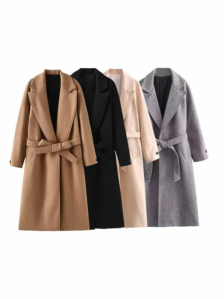 

Women 2024 New Fashion With belt Loose Long style Casual woolen Coat Vintage Long Sleeve Side Pockets Female Outerwear Chic Tops