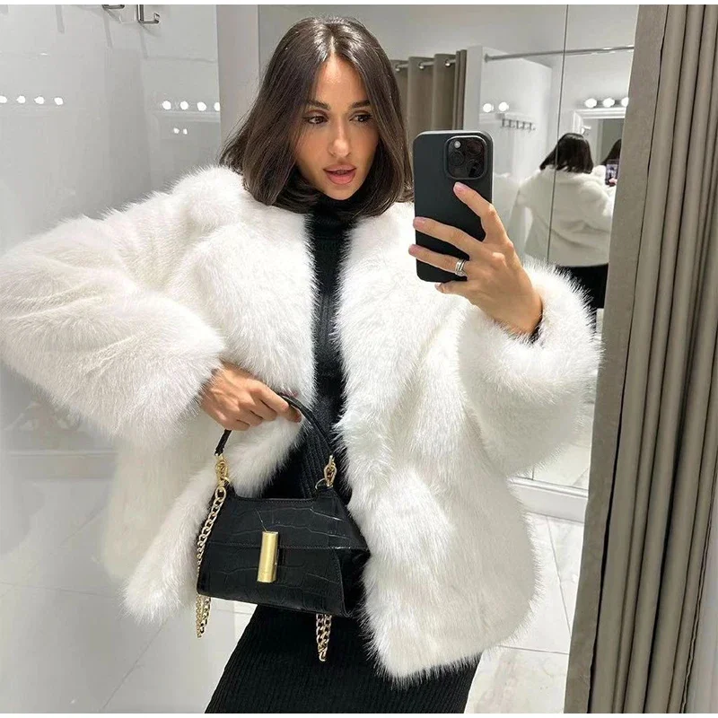 Fluffy Faux Fur Coat Women Elegant Loose Lapel Plush Long Sleeve Buckle Thick Jacket Autumn Winter Solid Warm Overcoat New