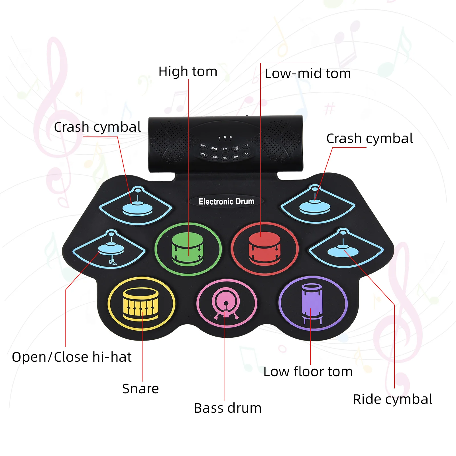 Electronic Drum Set Hand Roll Drum Percussion Instrument 9 Pads BT External Sound Drumsticks Foot Pedal MIDI Interface Speaker