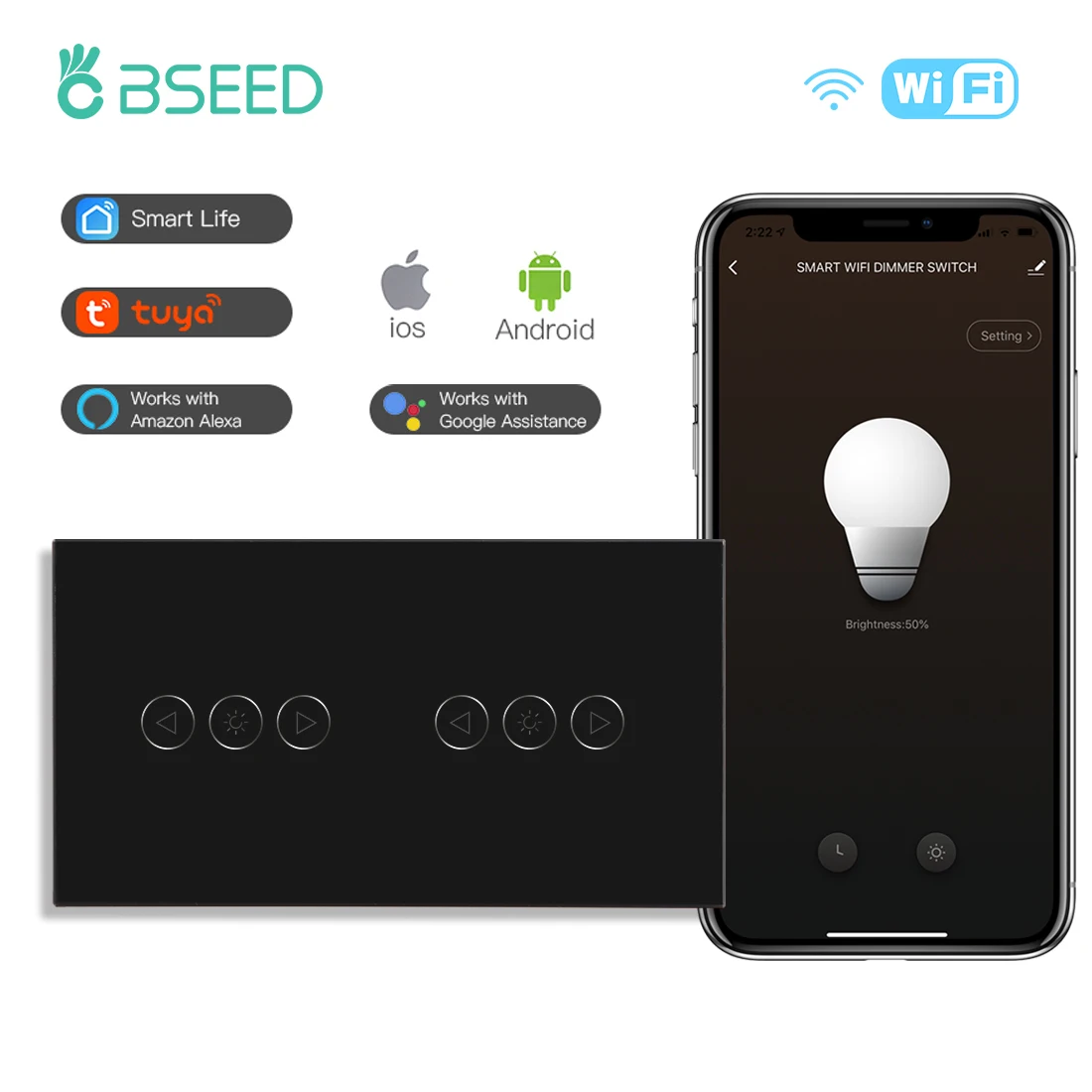 Interruptor de luz inteligente BSEED, interruptor táctil WiFi de 2 bandas  con control de aplicación Smart Life y función de temporización,  interruptores unipolares blancos que funcionan con  Alexa, Asistente  de Google - (