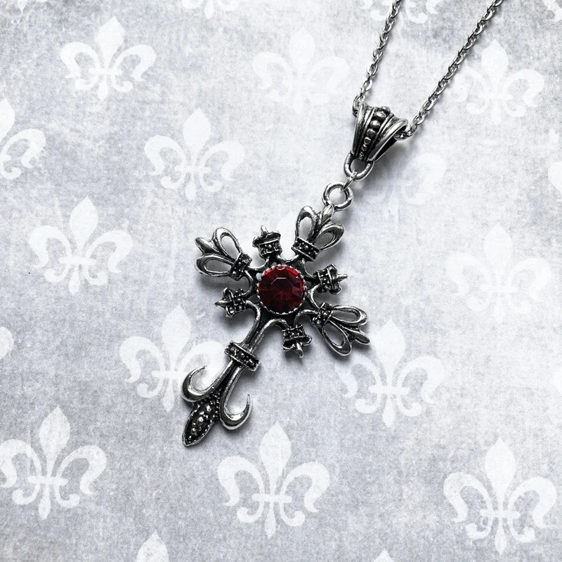 Collana Gotica Medievale Con Ciondolo Croce E Pietra Rossa, Rinascimentale, NK-366, Real Metal