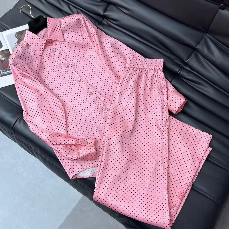 

Женский комплект из двух предметов, блузка и штаны с принтом в горошек, свободная рубашка на пуговицах, 2024