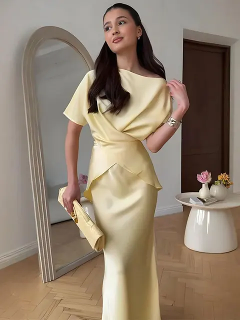 Fashion Yellow Satin Tops Skirt 2 Piece Set Women Lace Up Top High Waist Mermaid Skirt 2025 Summer Sexy New in Matching Suits 3