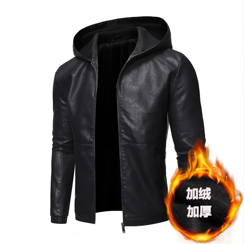 

PU Wool Liner Faux Leather Jacket Men Biker Jacket Leather Jacket Male Motorcycle Jacket LEATHER HOOD Black M-5XL