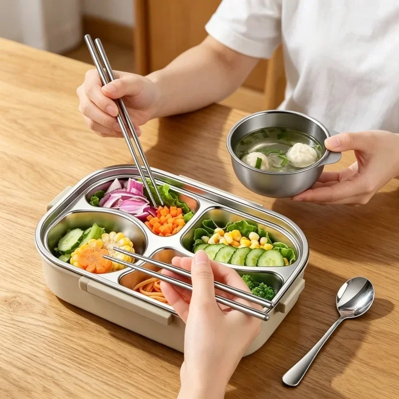1pc 304 스테인레스 스틸 밀봉 절연 도시락 상자 사무원 학생을위한 휴대용 전자 레인지 가열 가능 도시락 용기