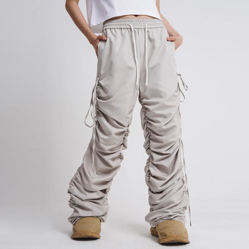 

Y2K Side Pleated Straight Casual Drawstring Cargo Pants Unisex Streetwear Ruched Knee Split Baggy Trousers Oversized Men's Pants