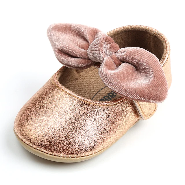 Newborn Baby Shoes Baby Boy Girl Shoes Girl Classic Bowknot Rubber Sole Anti-slip PU Dress Shoes First Walker Toddler Crib Shoes Gold-New